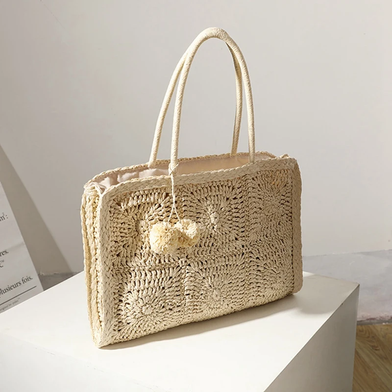 Bolsa de ombro tecido palha para mulheres, bolsas Bohemia, bolsa de compras, grande capacidade, Rattan oco