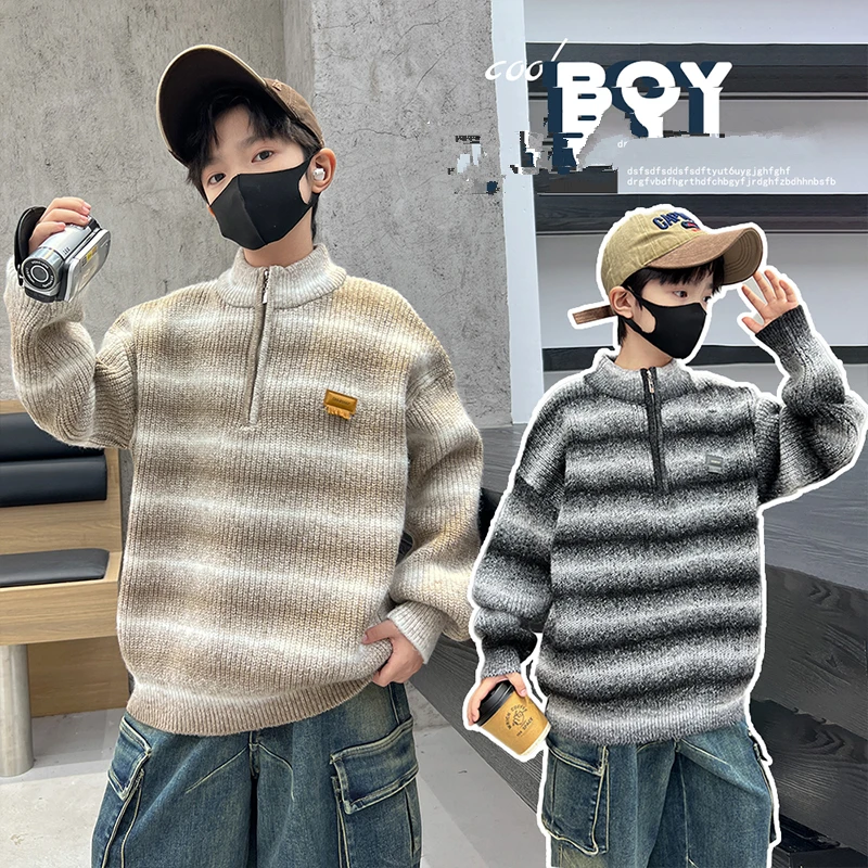 

Korean Kids Half Turtleneck Zipper Classic Sweater for Teenage Boy High Fashion Knitted Clothing Children Casual Stripe Knitwear