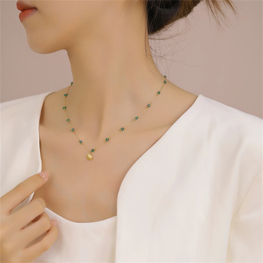 316L Stainless Steel Simple Green Bead Small Seashells Pendant Clavicle Chain Ladies Necklace Fashion Exquisite Jewelry SAN828