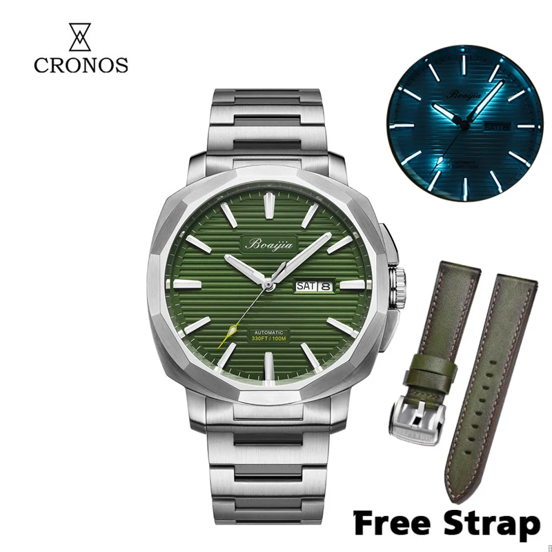 Cronos Boaijia Stainless Steel Automatic Diver Men Watch Horizontal Strips Dial 10Bar Waterproof BGW-9 Lum 8205 Date&Week