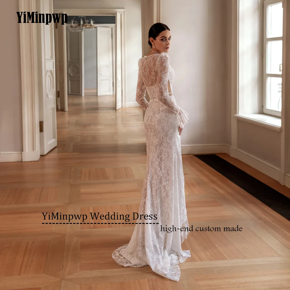 Kant Trouwjurken Luxe 2025, Zeemeermin Volledige Mouw Split Vooraan Bruidsjurken Applique Sweep Trein Vestidos De Novia Aangepast