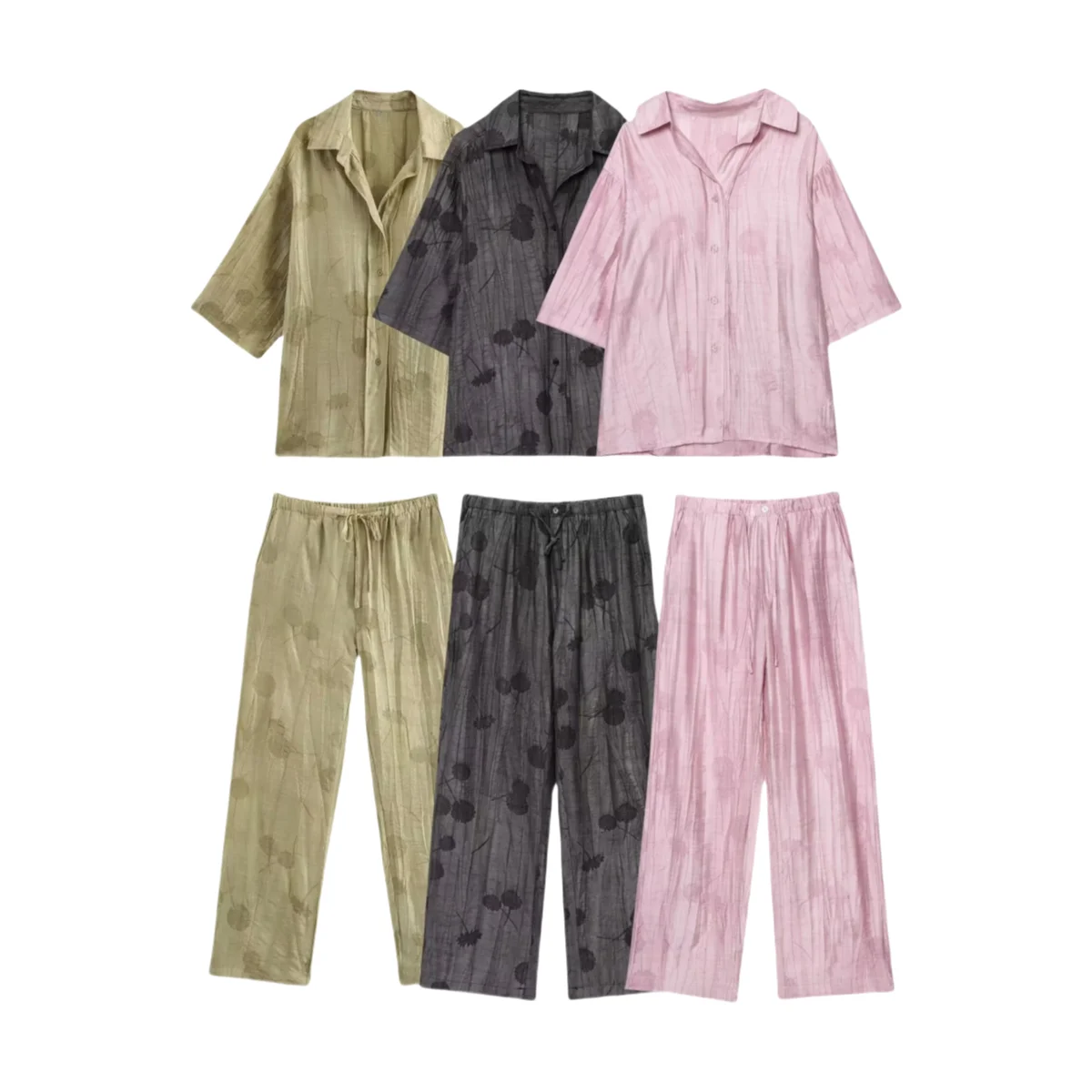 

PB&ZA2025 summer new women's lapel short-sleeved jacquard loose shirt top with high waist straight casual jacquard pants