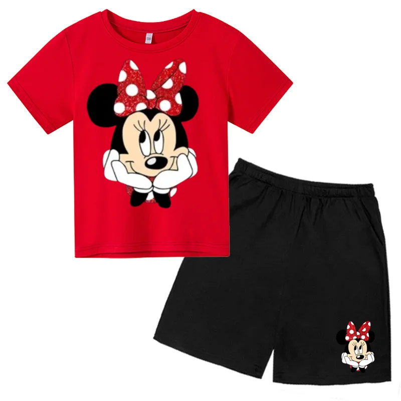 Disney Cartoon T Shirt Kids Boys Girls Children Mickey Mouse Short Sleeve Summer Clothing Kawaii Minnie Print Tee sets