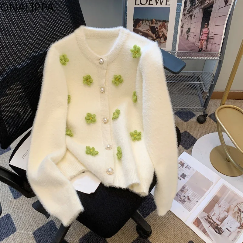 Onalippa Three Dimensional Flowers Knitted Cardigan Women Gentle Wind Furry Design Cardigans Heavy Industry Loose Sweet Sweater