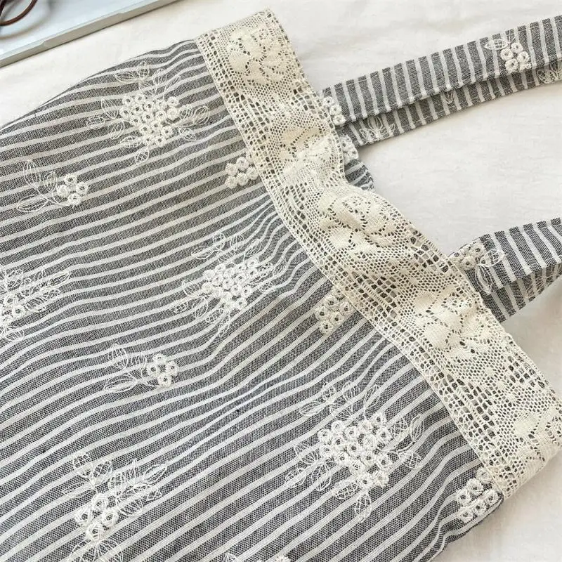 Große Tragetasche mit Spitze und Schleife im Koreanischen Stil, Einfache Canvas-Handtasche, Kawaii Stofftasche mit Großer Kapazität für Reisen – Detail 13