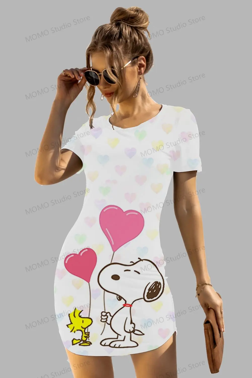 Women's Short Sleeve Hip  Dresses Kawaii Snoopy O Neck 2024  S-3XL Y2k Spicy Girl Dress Summer Boho Fashion New Elegant