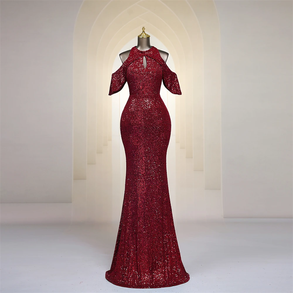 

Chic Mermaid Off Shoulder Long Evening Dresses Burgundy Sequins Keyhole Neck Aso Ebi Women Floor Length Prom Dress Formal Party