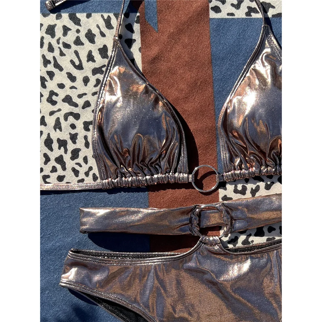 Neuer Halter-Badeanzug aus Kunstleder für Damen, High-Waist-Bikini, zweiteiliger Bikini-Set, Badebekleidung, Badeanzug, Modell V4389 – Detail 11