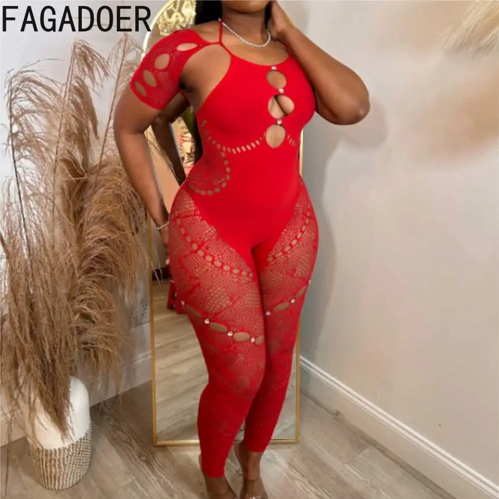 FAGADOER Mesh Lace Up Jumpsuits Women Sexy Coquette Hollow Diamonds Patchwork See Through Slim Overalls Night Club Party Wear