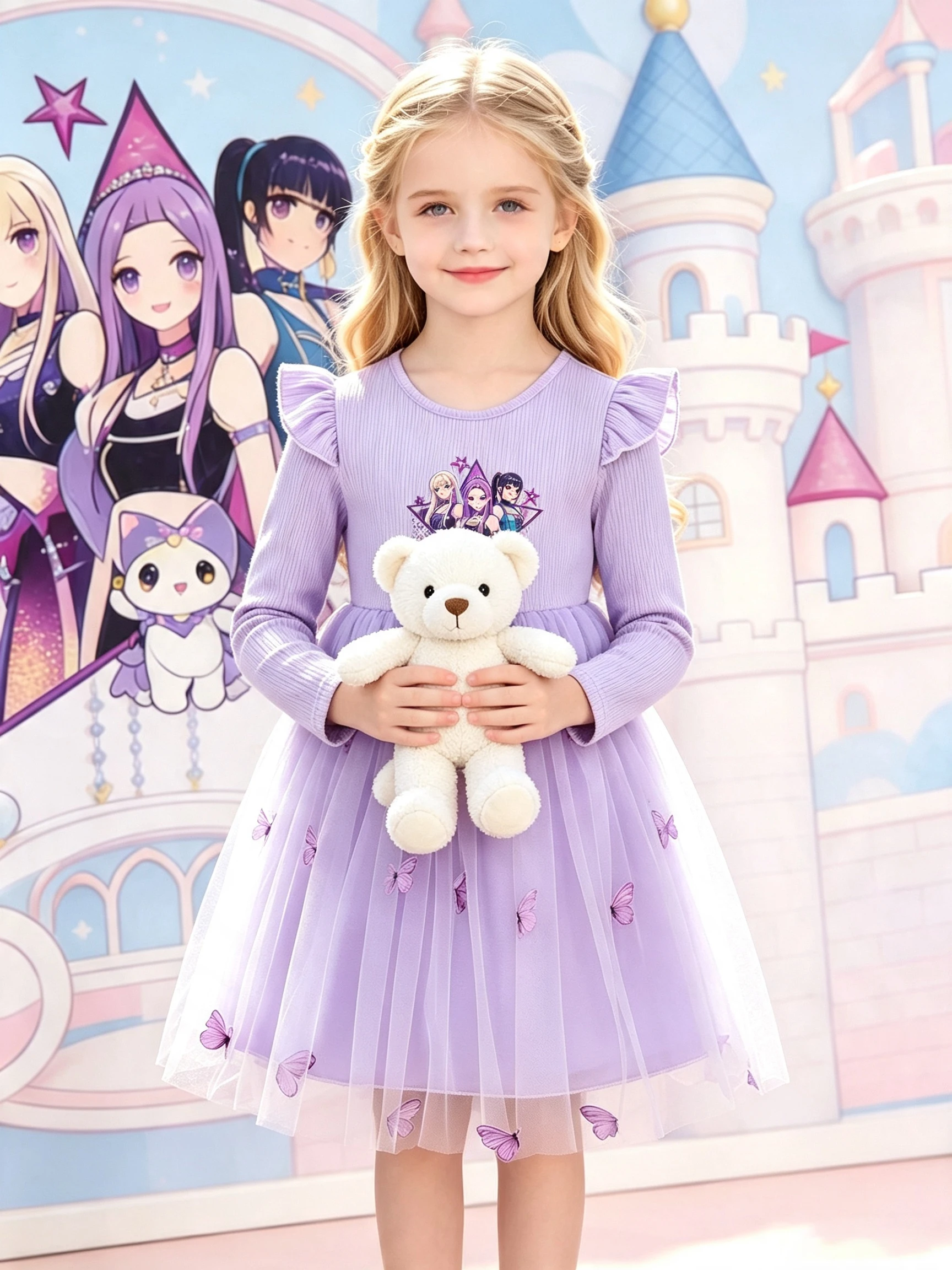 Mädchen-Cartoon-Print Langarm-Tüll-Prinzessinnenkleid, hellviolettes Kleid mit Flügelärmeln und 3D-Schmetterlingen, Kinderkleidung – Detail 5