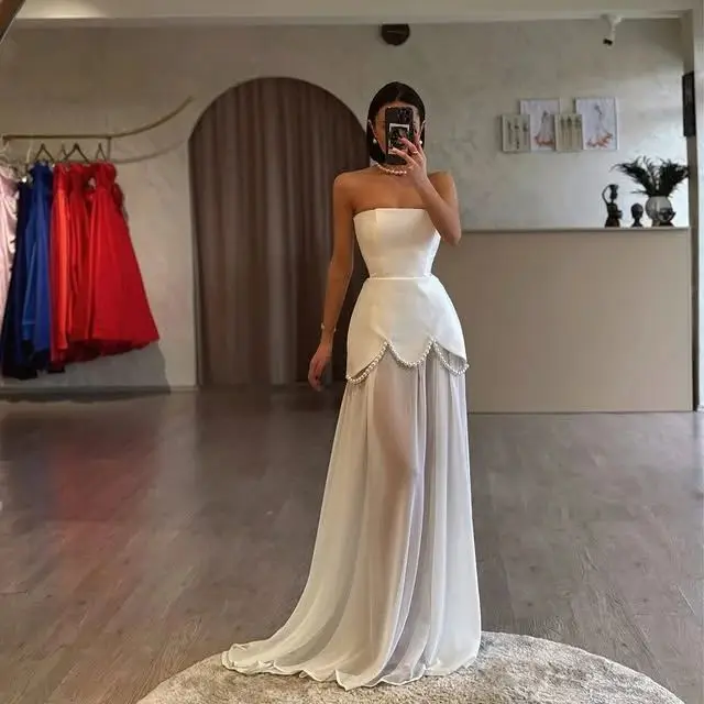 

White Dress Woman Strapless Prom Dresses Sleeveless Strapless Evening Dress Watteau Train 2025 Saudi Arabia Formal Customized