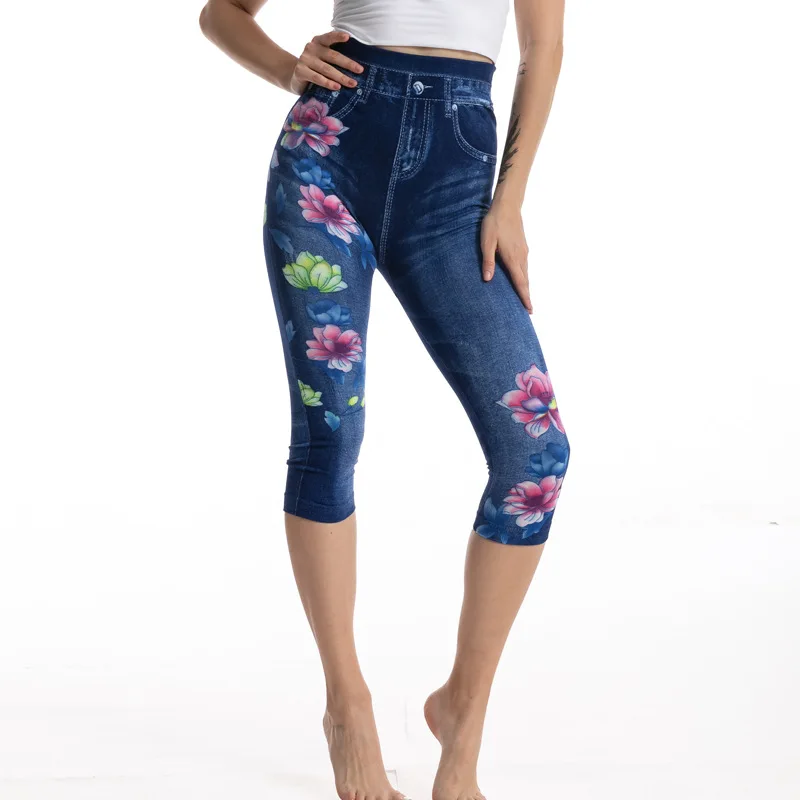 new fashion printed imitation denim leggings, elastic slim-fitting hip-lifting cropped pants for women