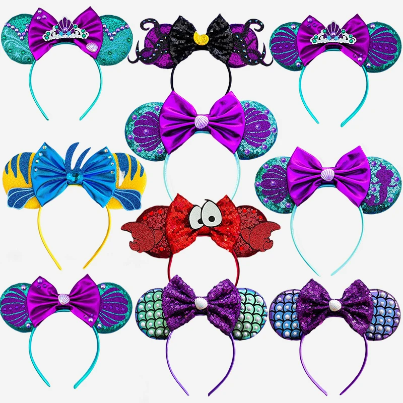 Disney The Little Mermaid Headbands for Women Princess Ariel Ears Hair Bands Girls Flounder Sebastian Hair Accessories Kids Gift