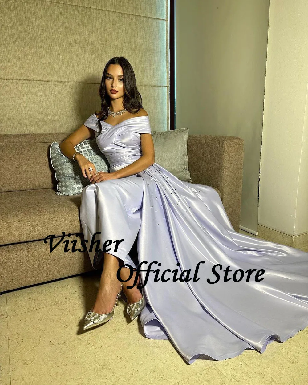 Viisher Lavender Meramid Evening Dresses Off Shoulder Beads Pleats Satin Tight Formal Prom Dress with Skirt Dubai Evening Gowns