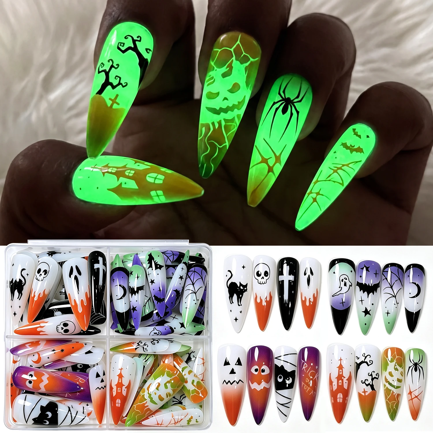 96PC Luminous Green Long Almond Halloween Press On Nails 3D Skull Bat Cat Spider Moon Star Fake Nails Full Cover Party Fake Nail