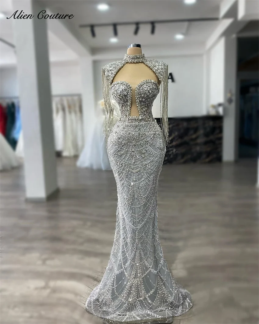 

Elegant Silver Luxury Evening Dresses Crystal Beading Tassels Wedding Reception Birthday Party Prom Gowns Customized