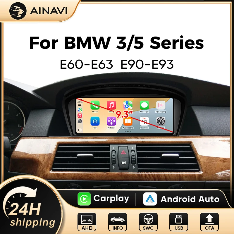 AINAVI 9,3-Zoll Kabelloses CarPlay-Display für BMW 3er E90, E91, E92, E93; 5er E60, E61, E62, E63. Android Auto Multimedia-Player mit Bluetooth, Autoradio und Stereo-Haupteinheit, Kompatibel mit