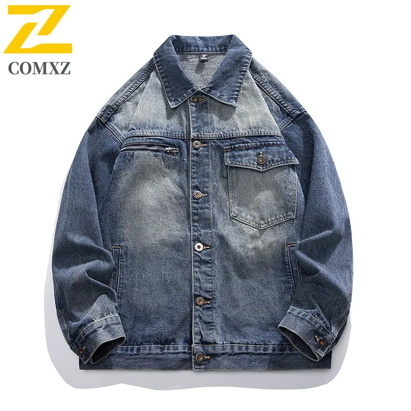 

COMXZ американская винтажная красивая потертая рабочая одежда, джинсовая куртка для мужчин, новинка 2025, молодежное джинсовое пальто, легкая ветровка