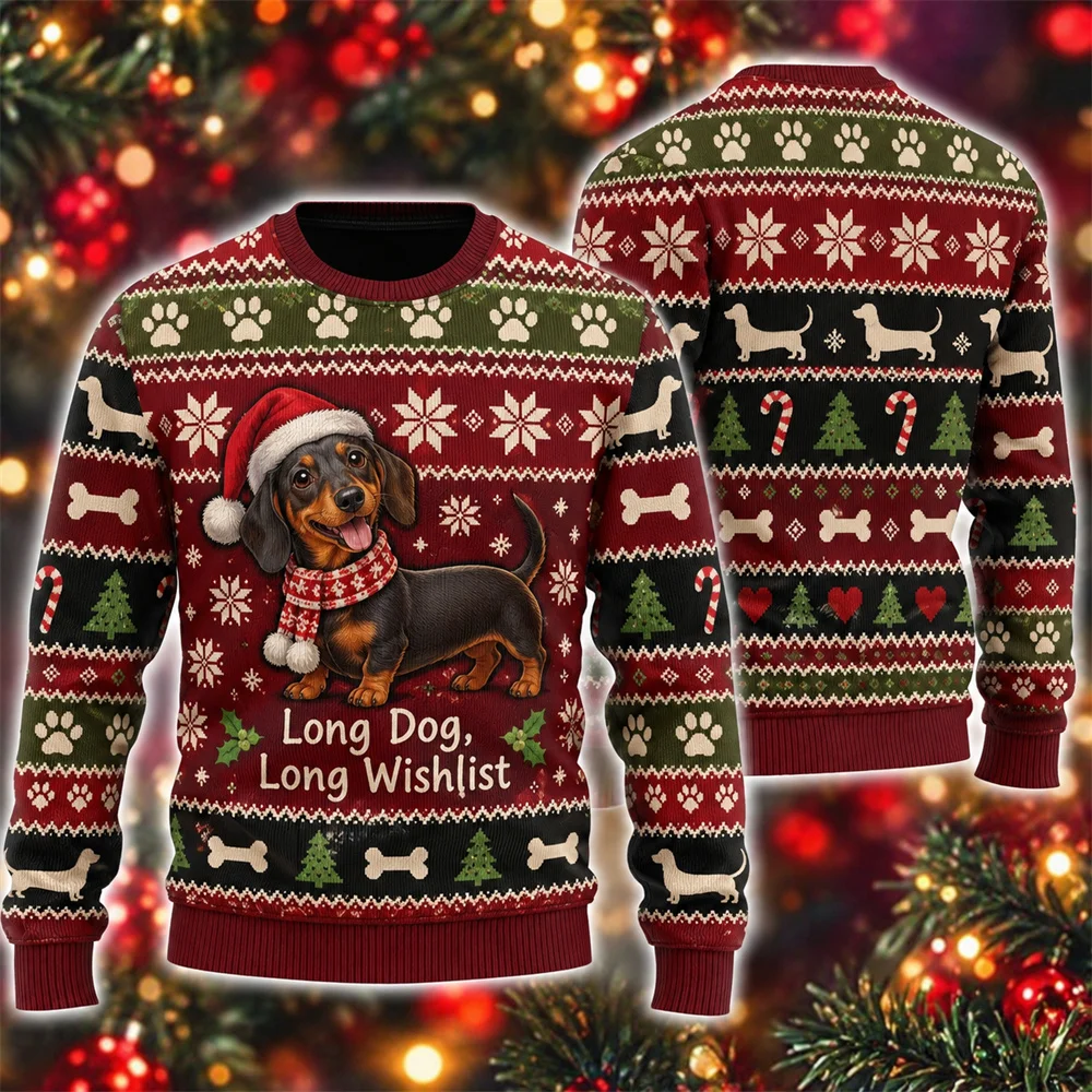 A collection of 3D printed ugly Christmas sweaters featuring various dog breeds like dachshund and husky with funny holiday captions.