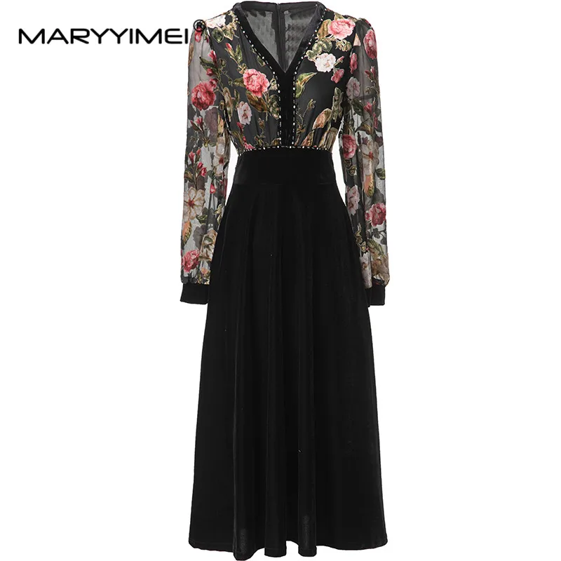 

MARYYIMEI Women's Fashion Commuter Dress Lantern Sleeved High waist Beading Slim V-neck Floral-Print Office S-4XL Dresses