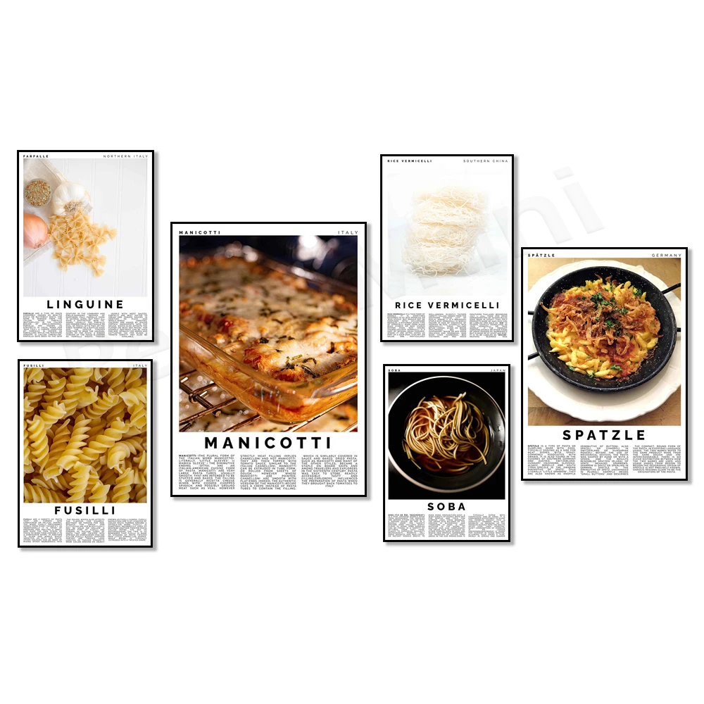 Pastaplakat, Soba-Nudeln, Lasagne, Udon-Nudeln, Reistudeln, Linguine, Cannelloni, Kochplakat, Küchenkunstdekoration