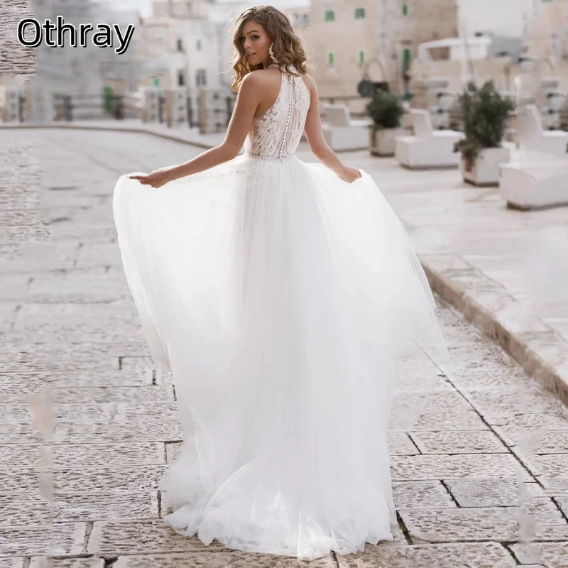 Othray Elegant A-Line Wedding Dress For Women Halter Lace Applique Sleevless Bridal Gown Sweep Train Tulle Vestidos D