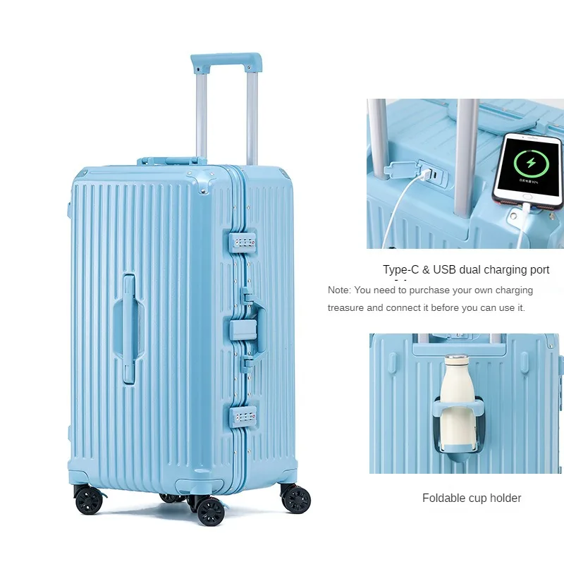 Upgraded Sports Aluminum Frame Luggage Pc Frosted Wear Resistant Surface Folding Cup Holder Buffer Universal Wheel Usb Suitcase