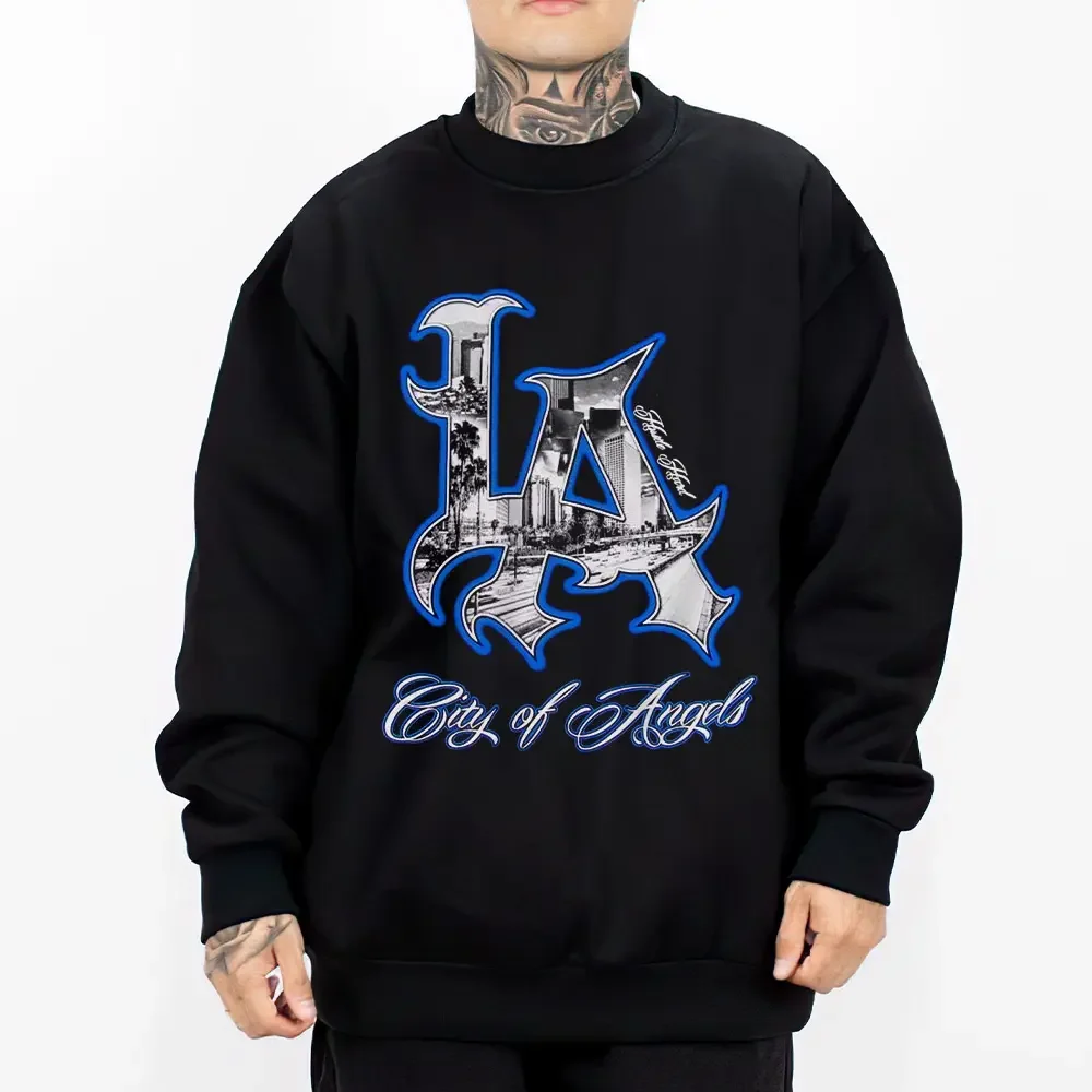 Men's LA Art City Chicano Mexican Lowrider Oversized Graphic Hoodie/Sweatshirt - Medium-Heavy Cotton-Polyester Fabric, Long Sleeve, Loose, Button-Accent, Casual Tops