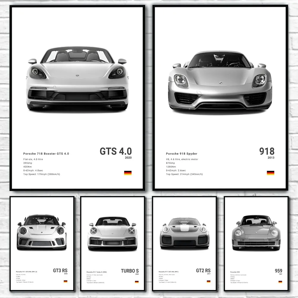 Famous Car Sports Black Cool Fashionable Simple 918 GT3-RS-911 TURBO S GT4 Poster Home living room Wall Art Garage Room Decor