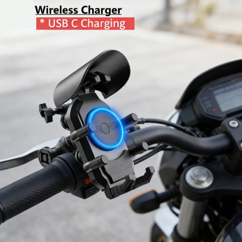 

360° Rotatable Motorbike 15W Wireless Charging Motorcycle Phone Holder Handlebar Rearview Mirror Shockproof Phone Holder