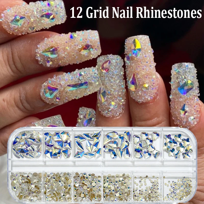 

12 ячеек в коробке, искусство ногтей, искусство, бриллианты разных размеров 2/3/4 мм с плоской задней стороной, подвески, 3D кристаллы, драгоценные камни, украшения для ногтей