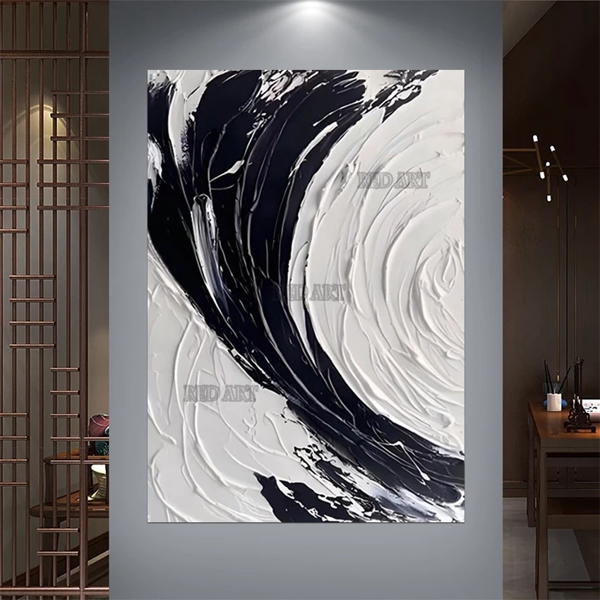 Palette Knife Abstract Style Painting Unframed Texture Black White Large Wall Panel Set Textured Acrylic Art For Hotel Decor