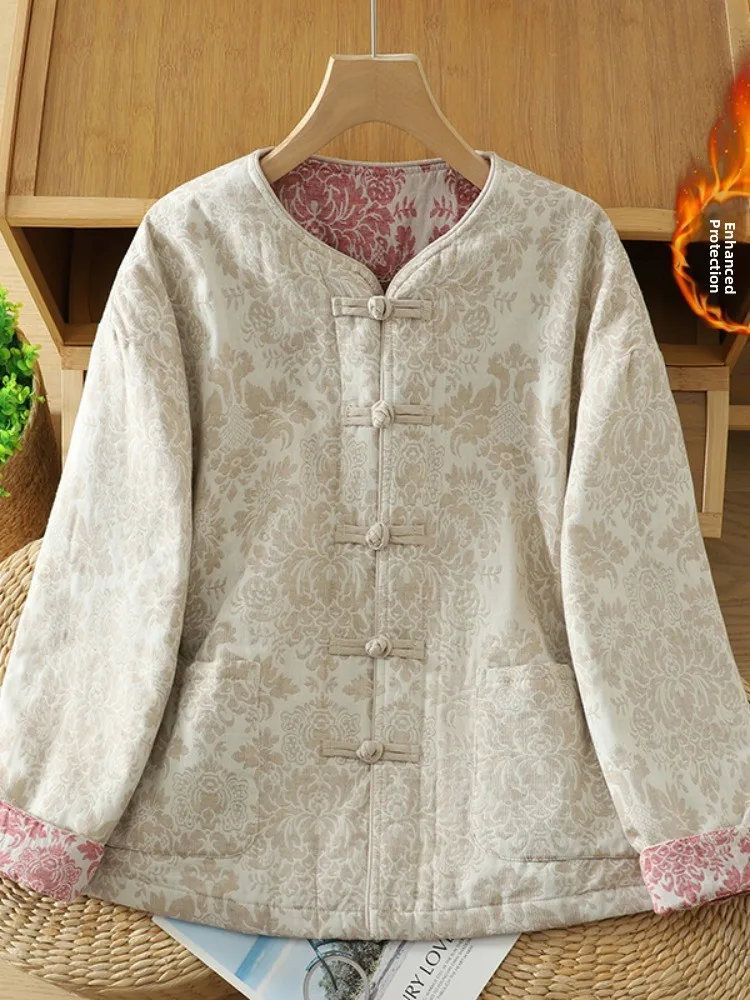 

Ele Cotton Jaet, новое китайское женское зимнее пальто на пуговицах с цветочной вышивкой, цветная блузка из смеси хлопка и льна