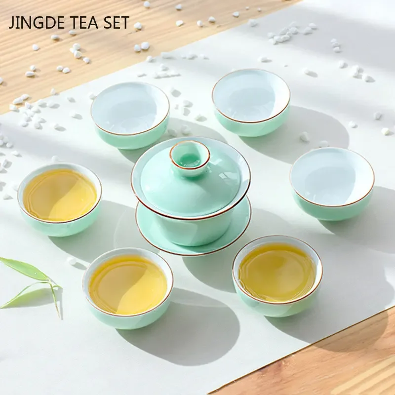 Chinese Celadon Tea Cup Set Creative Ceramic Gaiwan Teacup Travel Portable Teaware Tradition Handmade Tea Ceremony Accessories