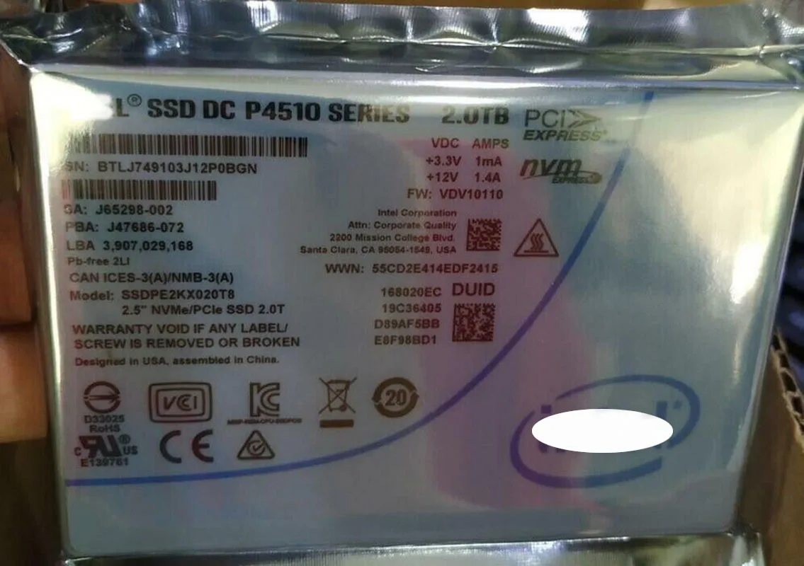 for 2TB Intel SSD P4510 Series DC NVME U.2 2.5