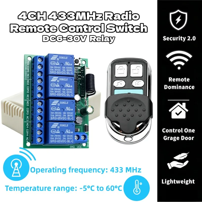 

Universal Remote Control 433MHz RF Wireless Switch DC 6V 12V 24V 4Ch Relay Receiver and Transmitter for Lamp Garage Door Motor