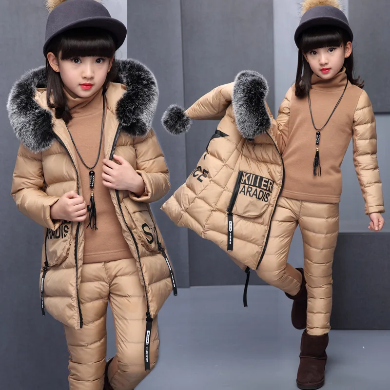 Girl Clothing Sets For Russia Winter Hooded Vest Jacket + Warm Top Cotton Pants 3 Pieces Clothes Coat With Fur Hood