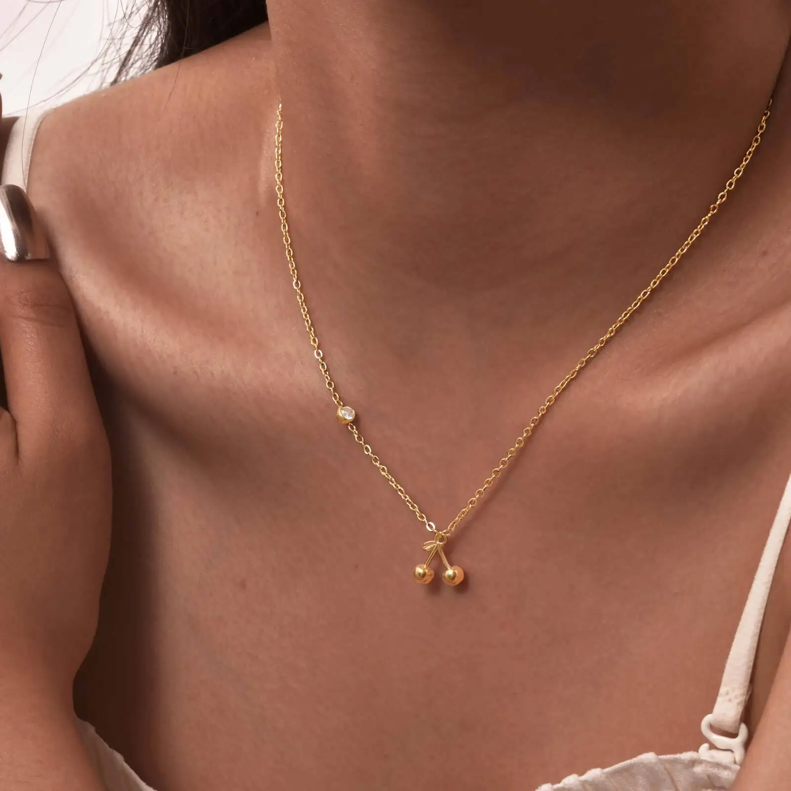Sideway Zircon Cherry Pendant Necklace, Thin Chain Choker Necklace Stainless Steel, Women's Gold-plated Jewelry