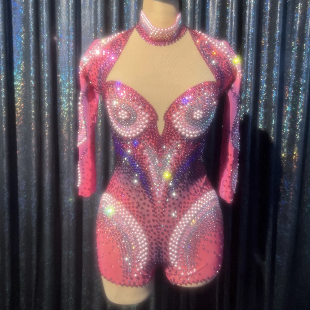 Sparkly Full Pearls Rhinestones Rompers Women Sexy Dance Leotard Party Nightclub Outfit Performance Costume Show Stage Wear