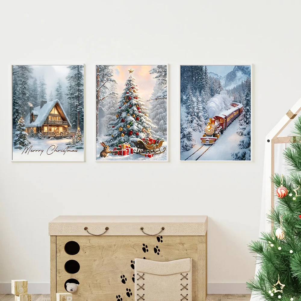 set of 3 Christmas snow scene with gifts decoration poster for family happy time Christmas decoration home decoration  wall art
