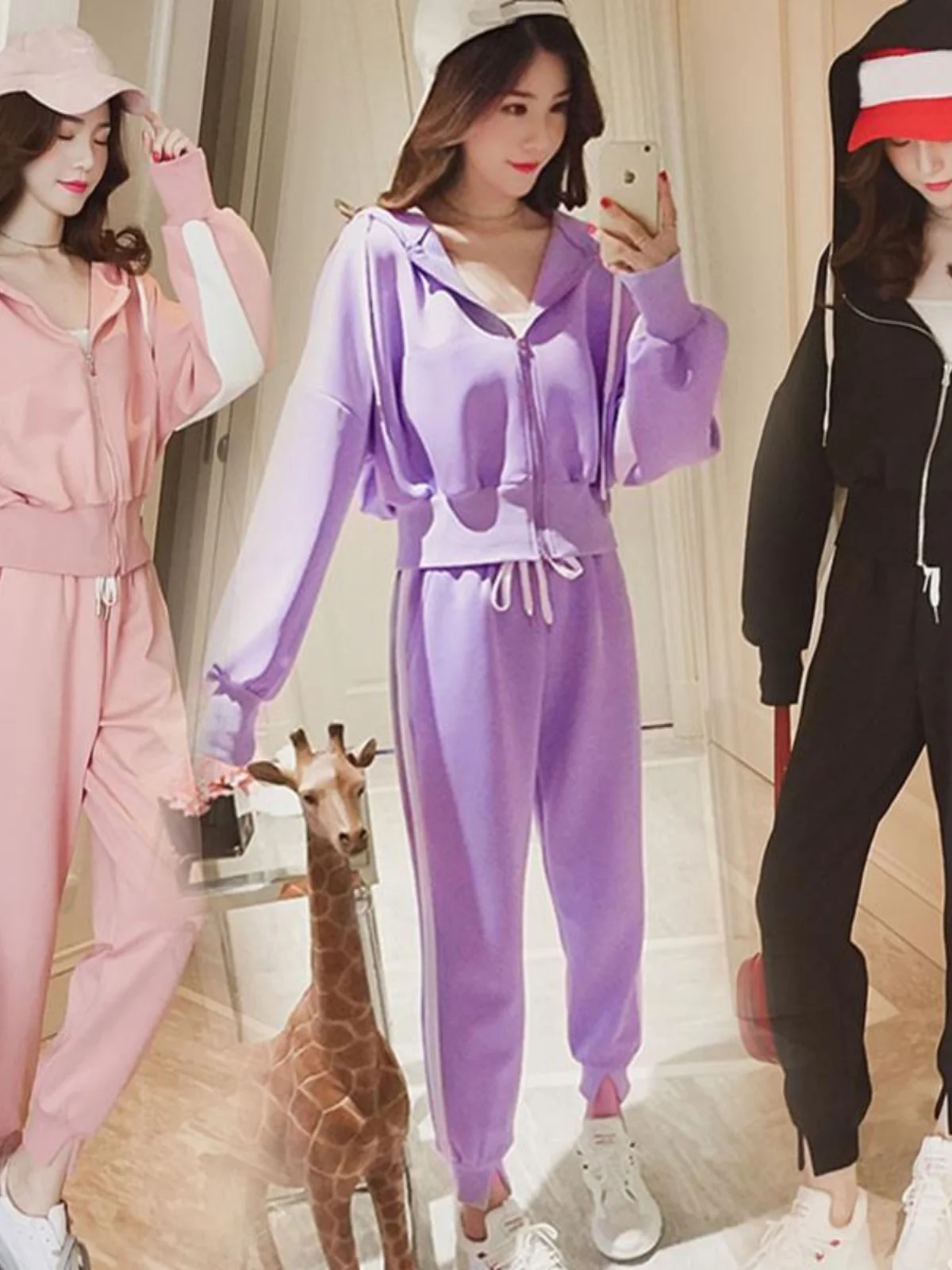 

Свободный повседневный женский комплект из двух предметов с капюшоном, корейский осенний новый модный наряд больших размеров, брюки из девяти предметов с высокой талией