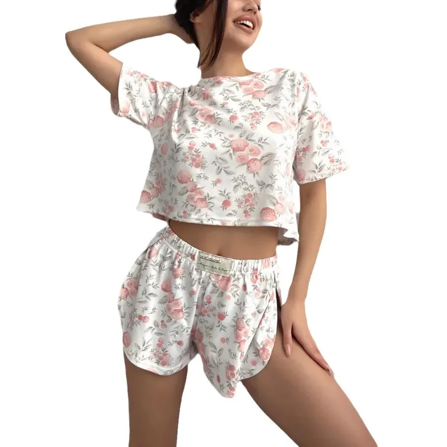

Cotton-printed pajama set for women, suitable for home relaxation and casual wear, featuring short-sleeved split shorts in two-p