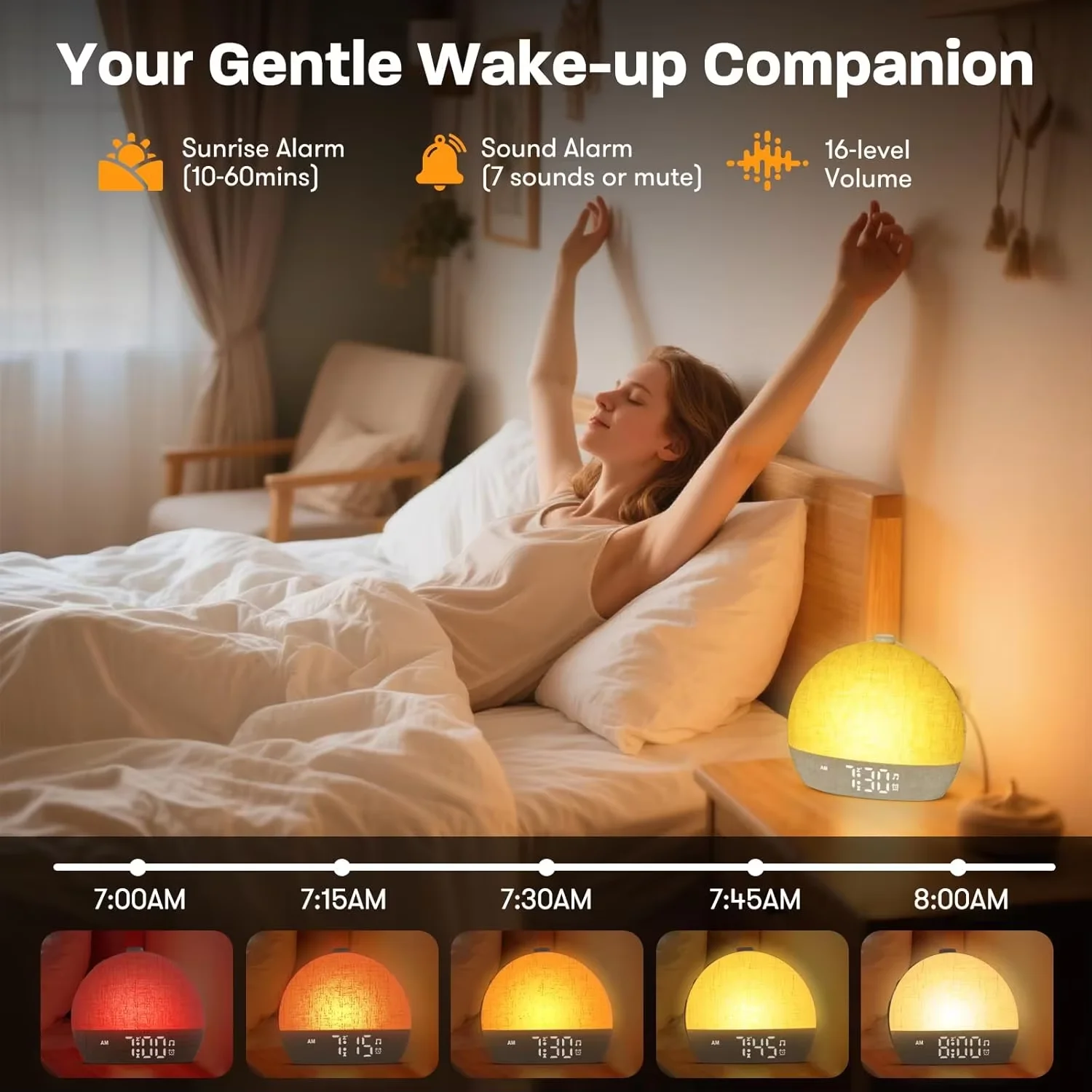 Sunrise Wake‑up Light Alarm Clock RGB Night Lamp White Noise Machine 30 Natural Sounds Sleep Timer for Home Decor Christmas Gift