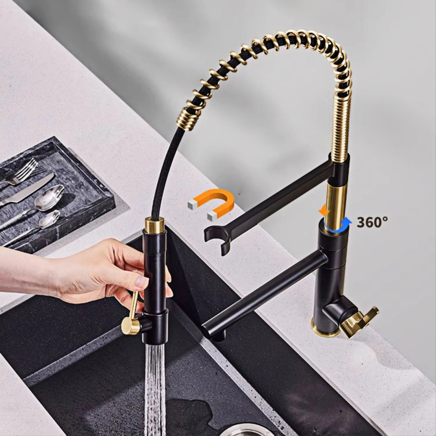 Brushed Gold Island Kitchen Faucet Brass High Arc Tall Spout Pull Down Sprayer Deck Mount 1Hole Classic Style Vintage Sink Mixer