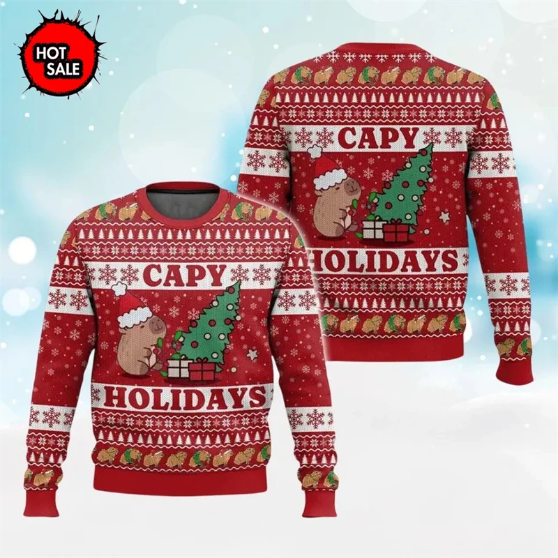 Cute Capybara Pattern Ugly Christmas Sweater Long Sleeve Pullover for Adult And Kid Warm Festive Family Outfit Apparel
