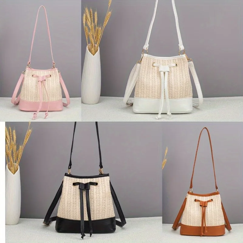 

Niche exquisite color matching trendy women's bags, strap sealing shoulder bucket bags, temperament versatile fashion straw bags