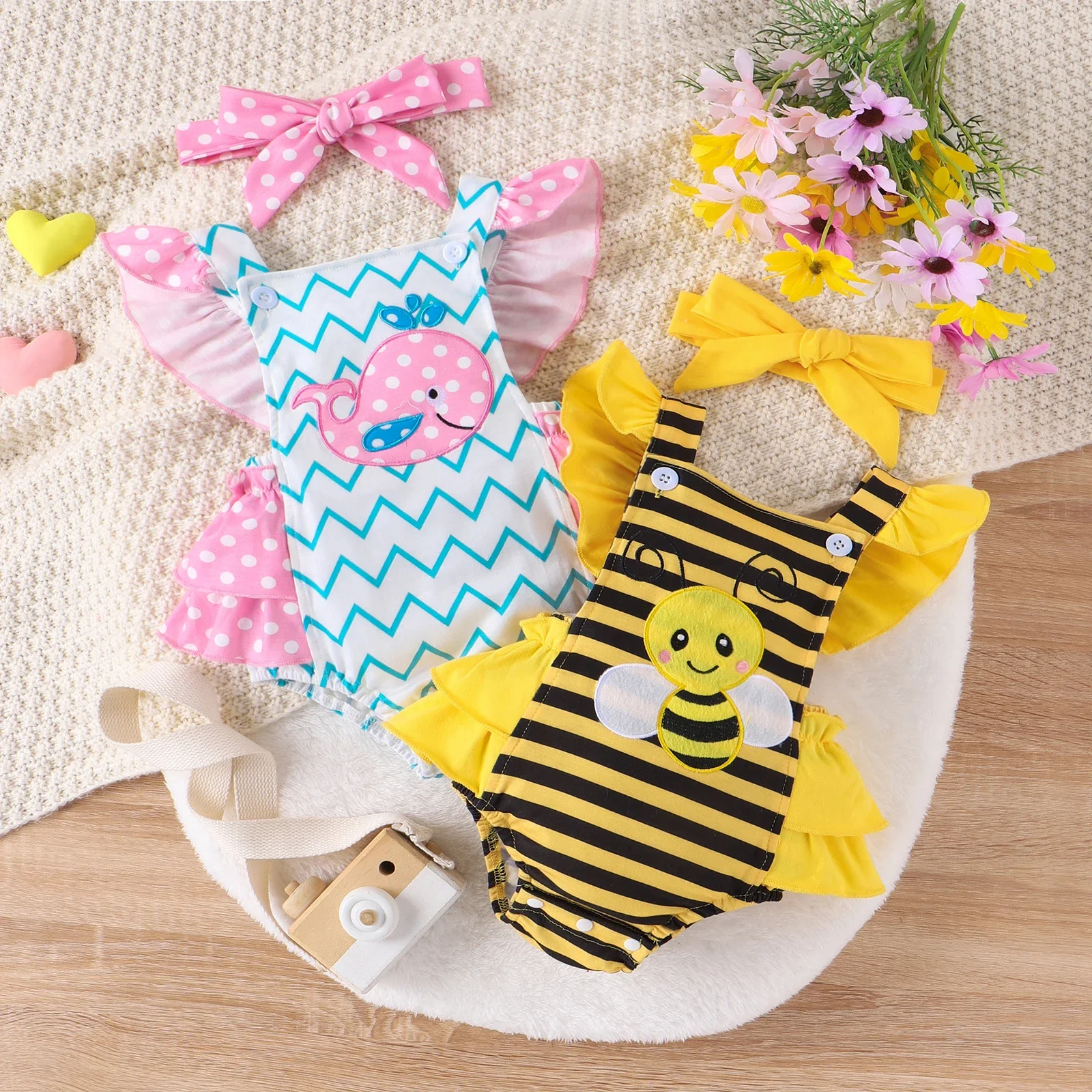 PatPat 2pcs Baby Girls Marine Flutter Sleeve Romper Set Suitable for Summer Season Soft and Comfortable Perfect for Outings