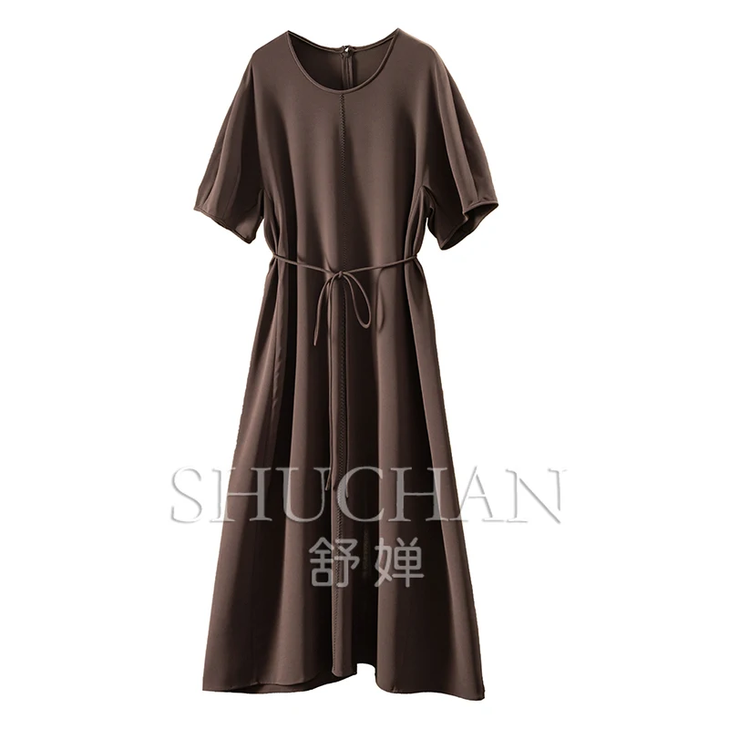 

Penny Luxury Silk Heavy Crepe Crew Neck Waist Five-Sleeve Dress 51C9 Vestidos Elegantes Para Mujer Long Dress