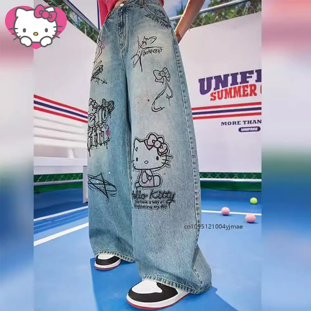 الشارع الشهير مرحبا كيتي بنطال ذو قصة أرجل واسعة Y2K سانريو الجينز النساء خمر الأزرق عادية فضفاض مستقيم بنطلون الكرتون سراويل أنيقة