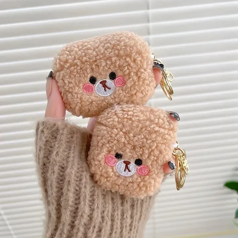 Lovely Cute Bear Fluffy Fur Earphone Case For AirPods 4 4th 2024 Cover Soft Plush Coque With Keychain Wireless Charging Box